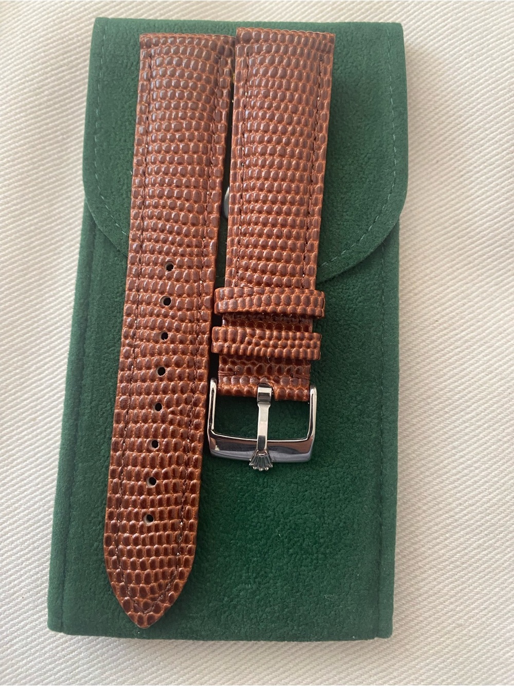 Vintage Brown Lizard-Pattern Leather Watch Strap with Silver Plated Rolex Buckle